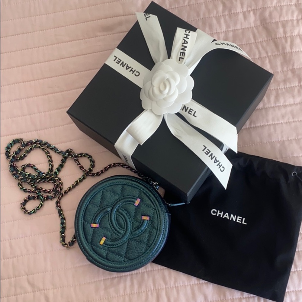Chanel turquoise iridescent small round bag